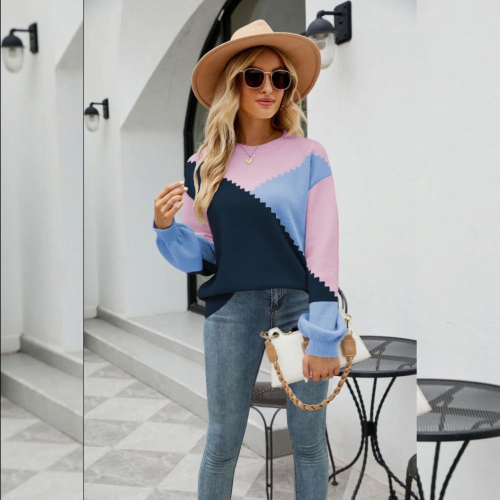 Tricolor Color Block Round Neck Ribbed Trim Sweater